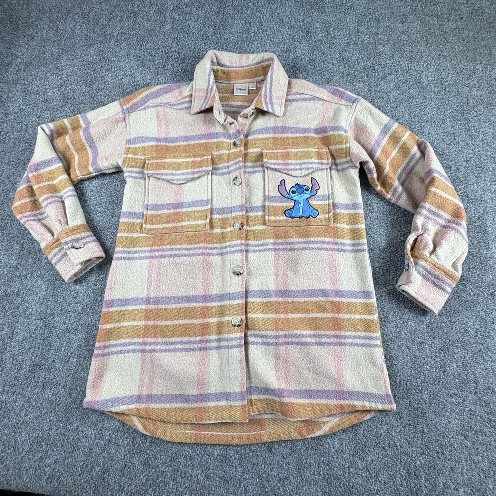Disney Stitch Shacket Women's XS Plaid Flannel Shirt Jacket Back Graphic Kawaii